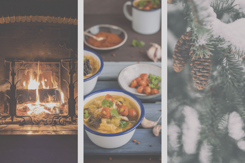 Collection of images from winter season vegetables, to cozy fire and winter tree