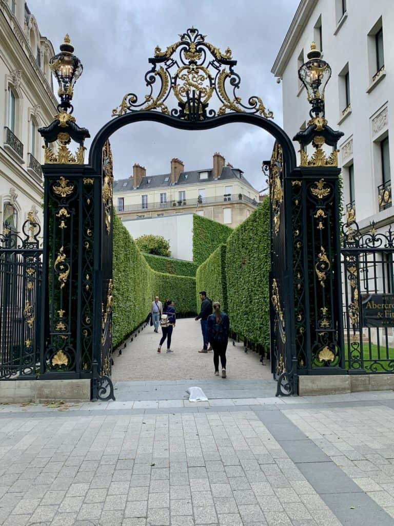 Beautiful ornate gate, shrubs and buildings near Champs Elysees in Paris