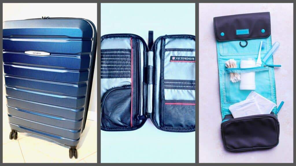 Unique travel gifts: suitcase, travel organizer, hanging toiletry bag