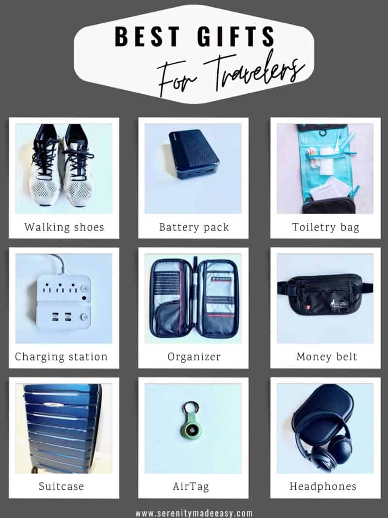 Unique travel gifts - 9 ideas with photos (suitcase, AirTag, Headphones, Organizer, charging station, money belt, walking shoes, battery pack, toiletry bag.