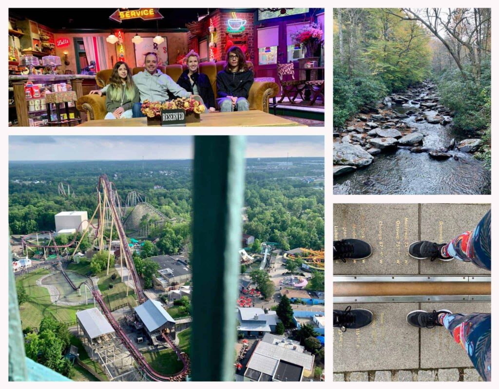 4 photos of bucket list experiences: amusement park, historical site, national park and movie recording studio