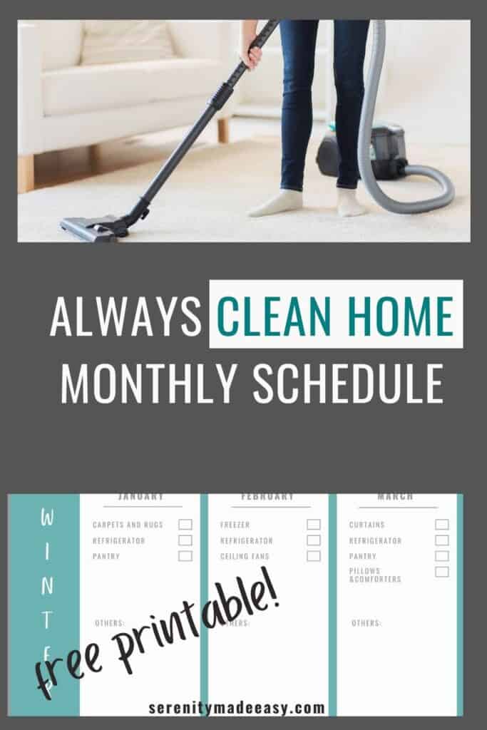 Always clean home monthly schedule with image of free printable