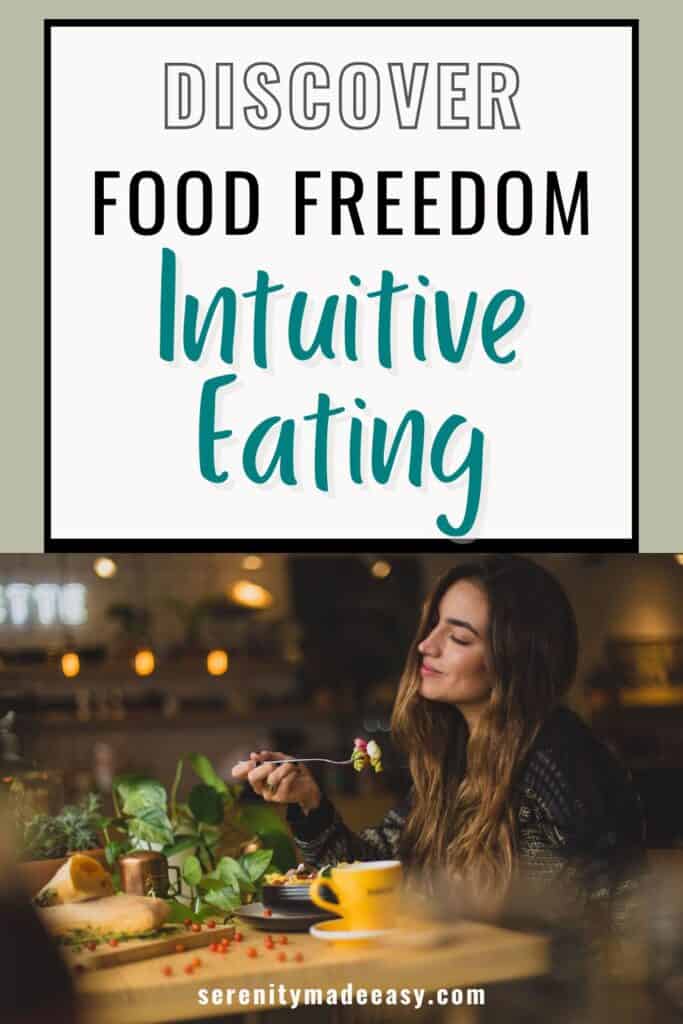 Discover food freedom, intuitive eating with an woman eating and looking peaceful and happy