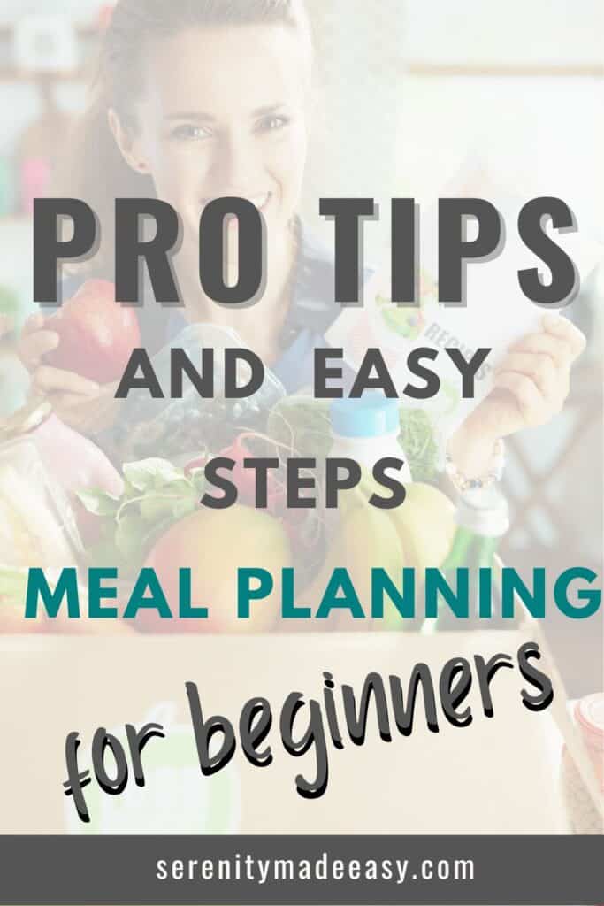 Pro tips and easy steps, meal planning for beginners with a woman smiling holding a bag of food