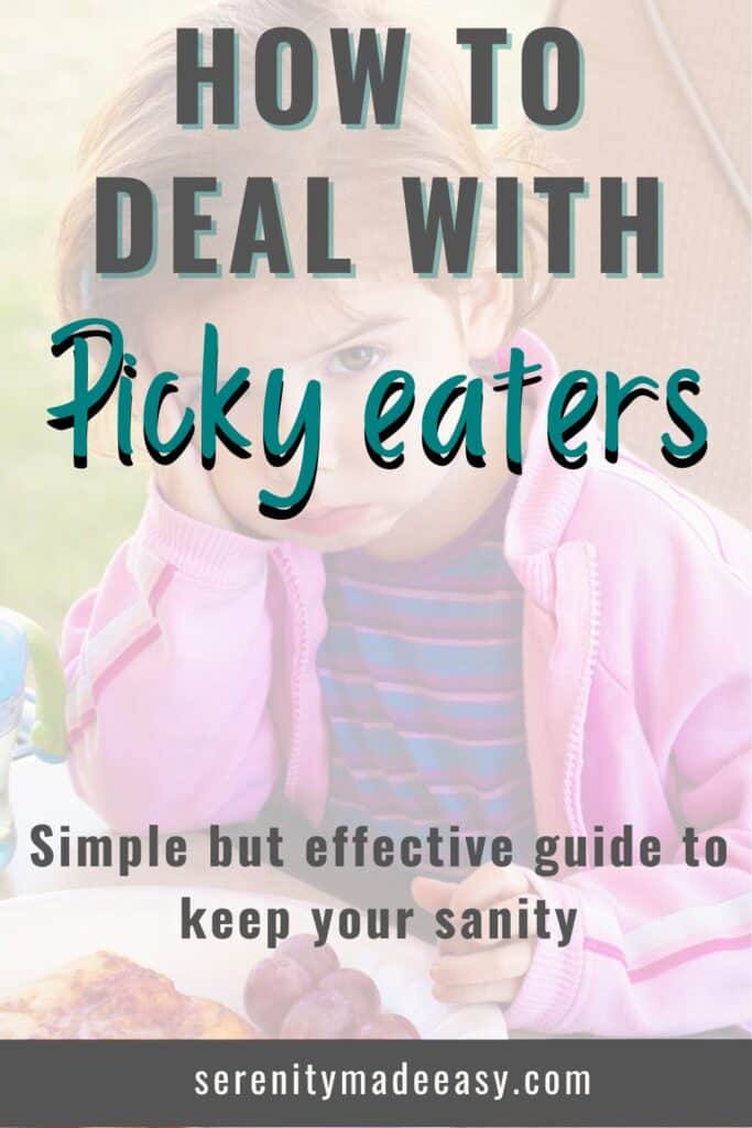 How to deal with picky eaters - simple but effective guide to keep your sanity - with a toddler pouting while looking at her food