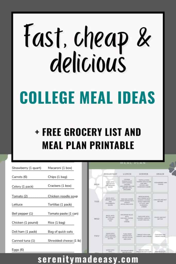 Fast, cheap and delicious college meal ideas + free grocery list and meal plan printable - image of a grocery list and meal plan