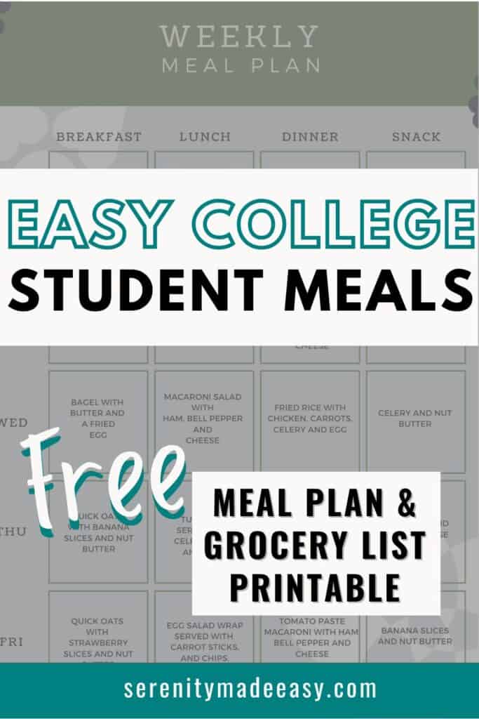 Easy college student meals - free meal plan & grocery list printable