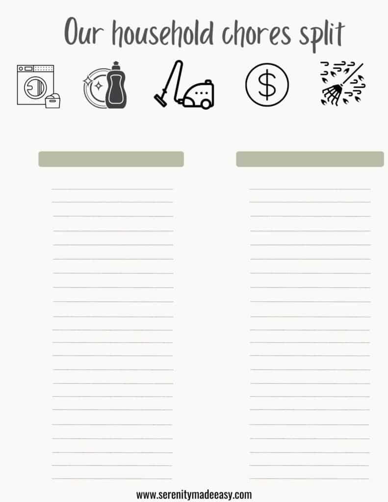 A template for writing down the chores of each person to promote a stress-free and happy relationship.