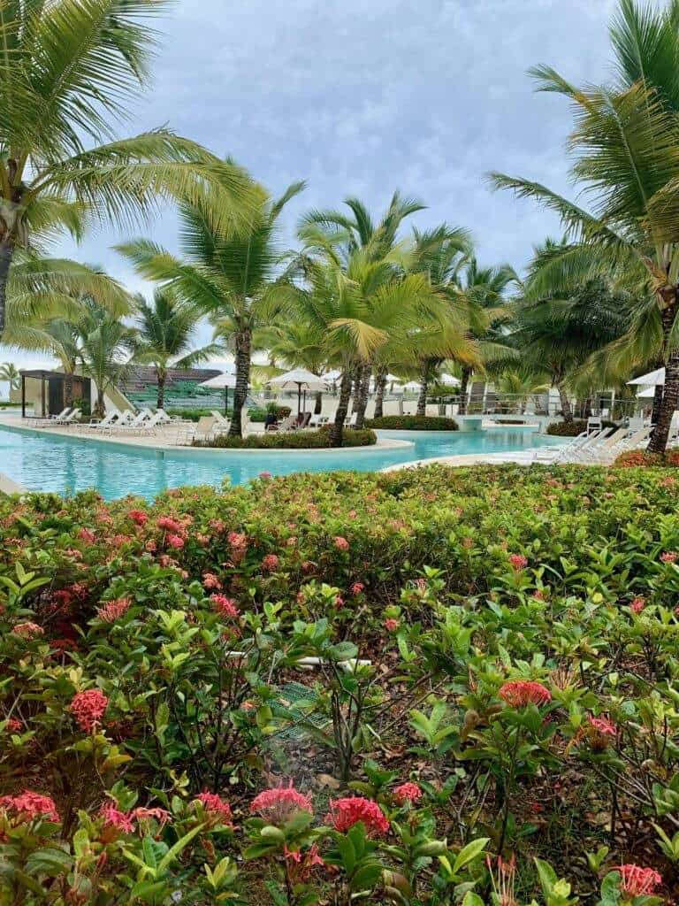 Pink flowers, greenery, palm trees and a pool at this all-inclusive resort in Punta Cana