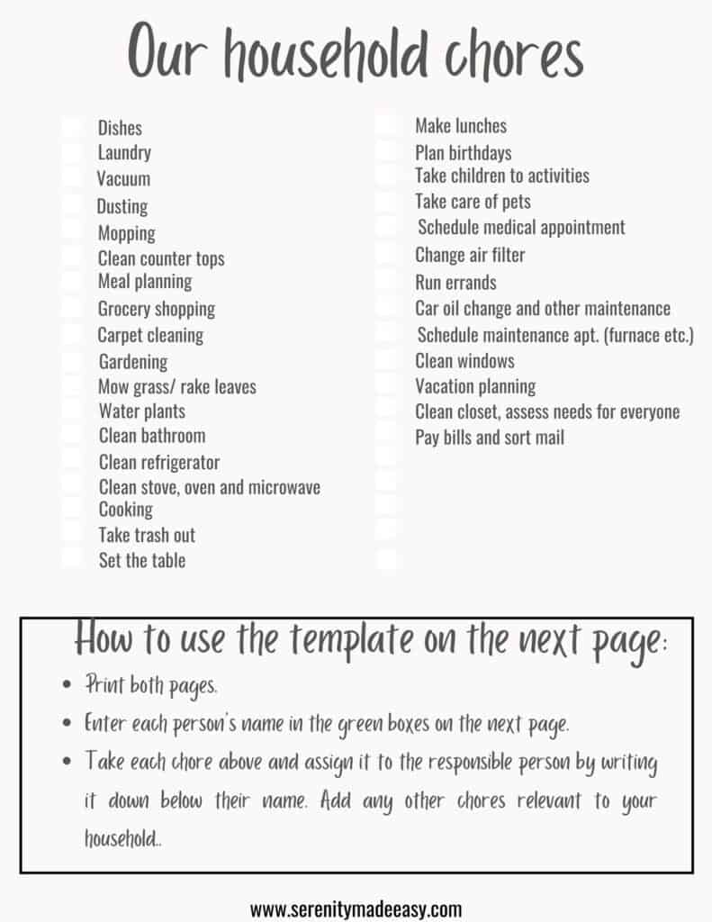 A list of chores most households have and instructions on how to use the template to split the chores for a happy relationship.