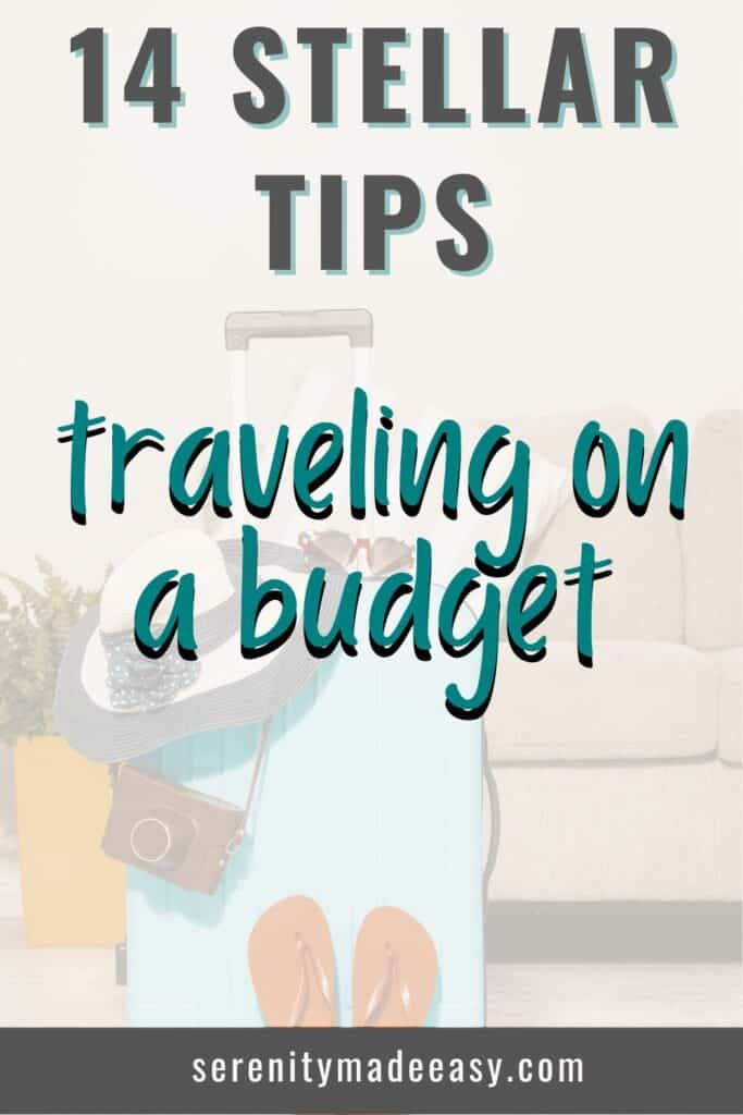 14 stellar tips - Traveling on a budget - a photo of a teal suitcase and a beach hat on top.