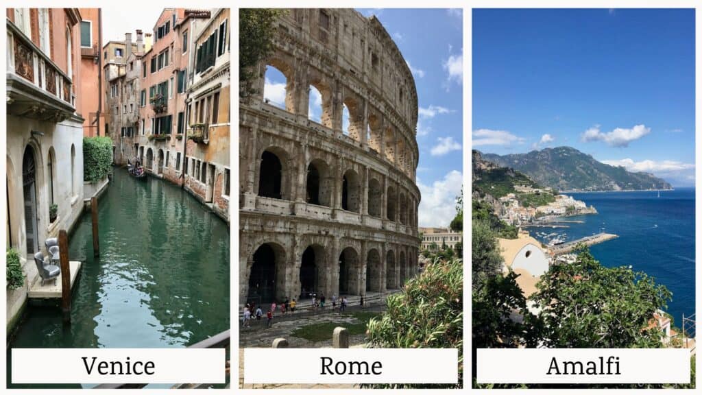 Italy trip itinerary - Venice image, Rome Colosseum image, Amalfi Coast image