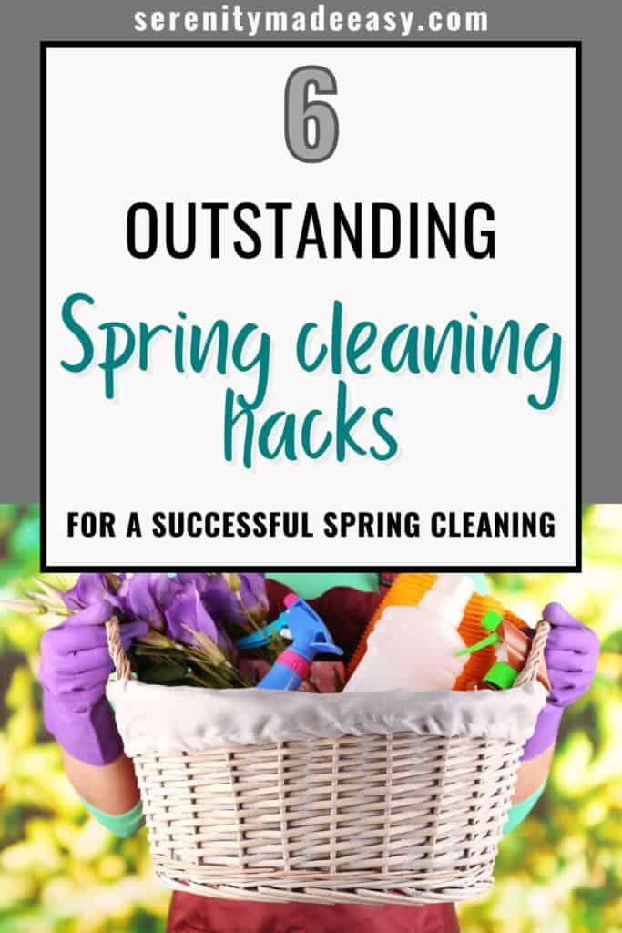6 outstanding spring cleaning hacks for a successful spring cleaning with a photo of a woman holding a basket of colorful cleaning supplies