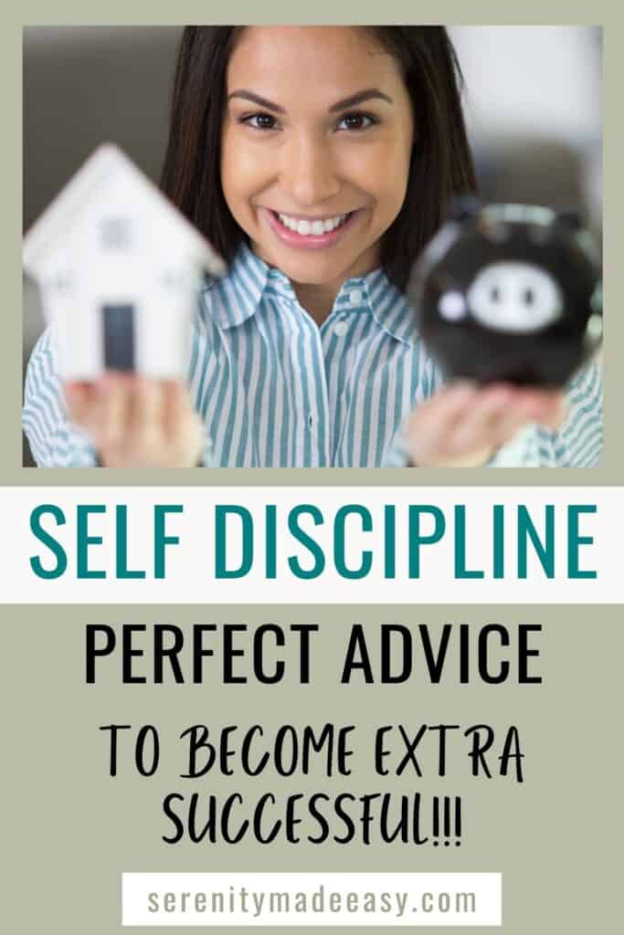 A smiling woman holding 2 small objects with words on the image saying Self-discipline, perfect advice, to become extra successful
