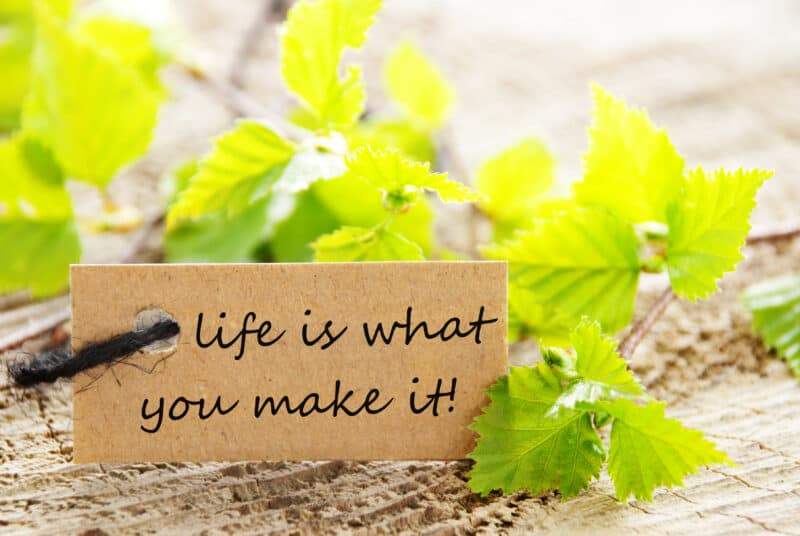 Life is what you make it written on a tag with bright green leaves which is a principle to learn how to live a simple life.