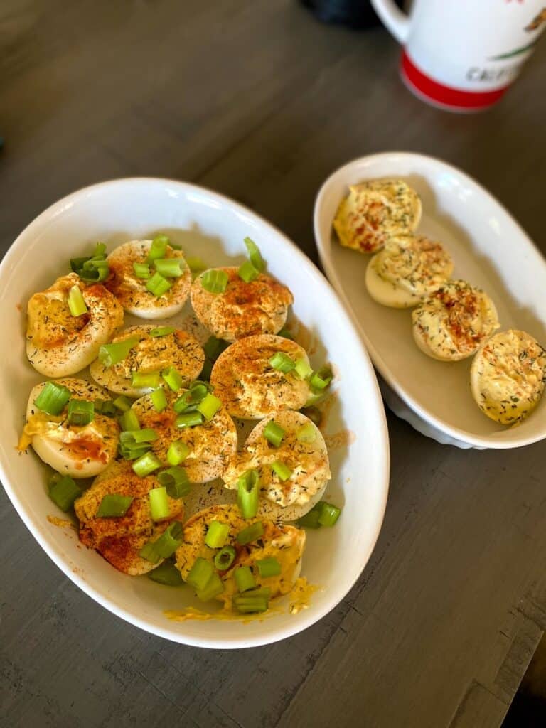 deviled eggs on white ceramic bowl. Did you know you can make leftover recipes with them?