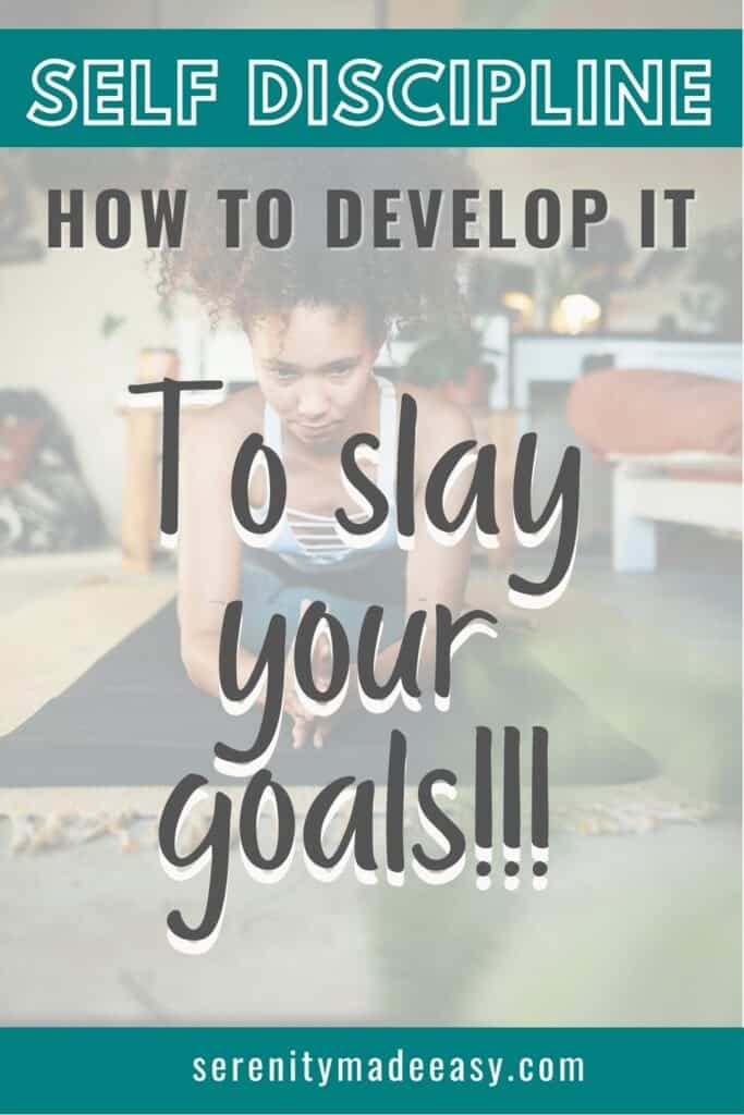 Self-discipline - How to develop it to slay your goals!!! with a faded image of a woman smiling while holding a plank.
