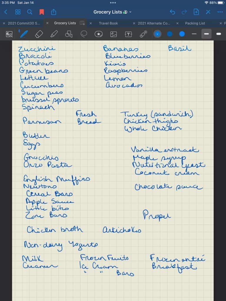 Meal planning grocery list