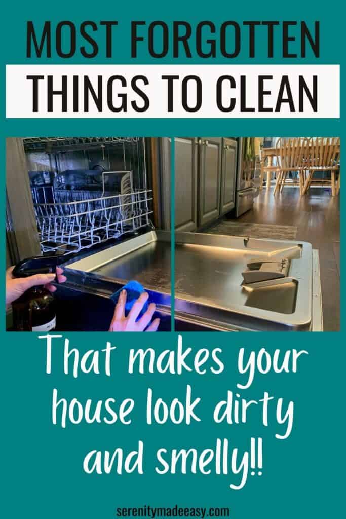 Most forgotten things to clean with an image of someone cleaning the interior door of a dishwasher with a blue sponge.