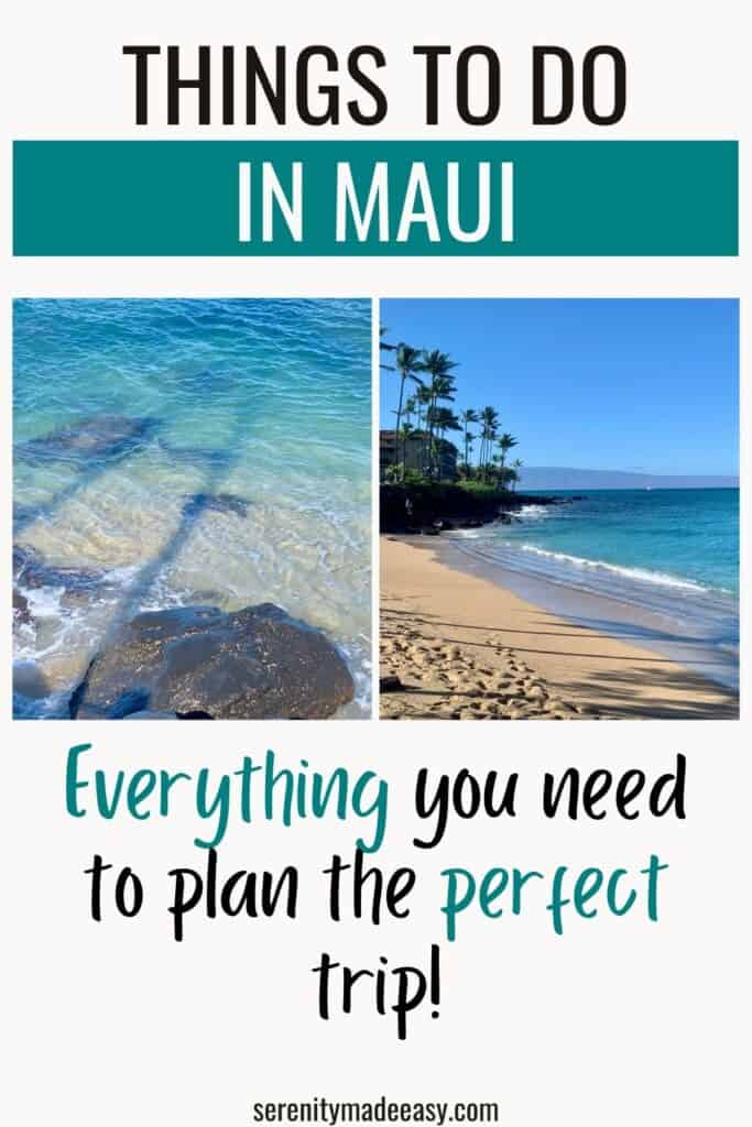 Things to do in Maui, Hawaii with a photo of a sea turtle swimming in clear water and one of palm trees by the ocean