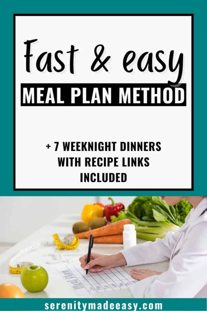 Fast and easy meal plan method with a picture of a woman writing a meal plan