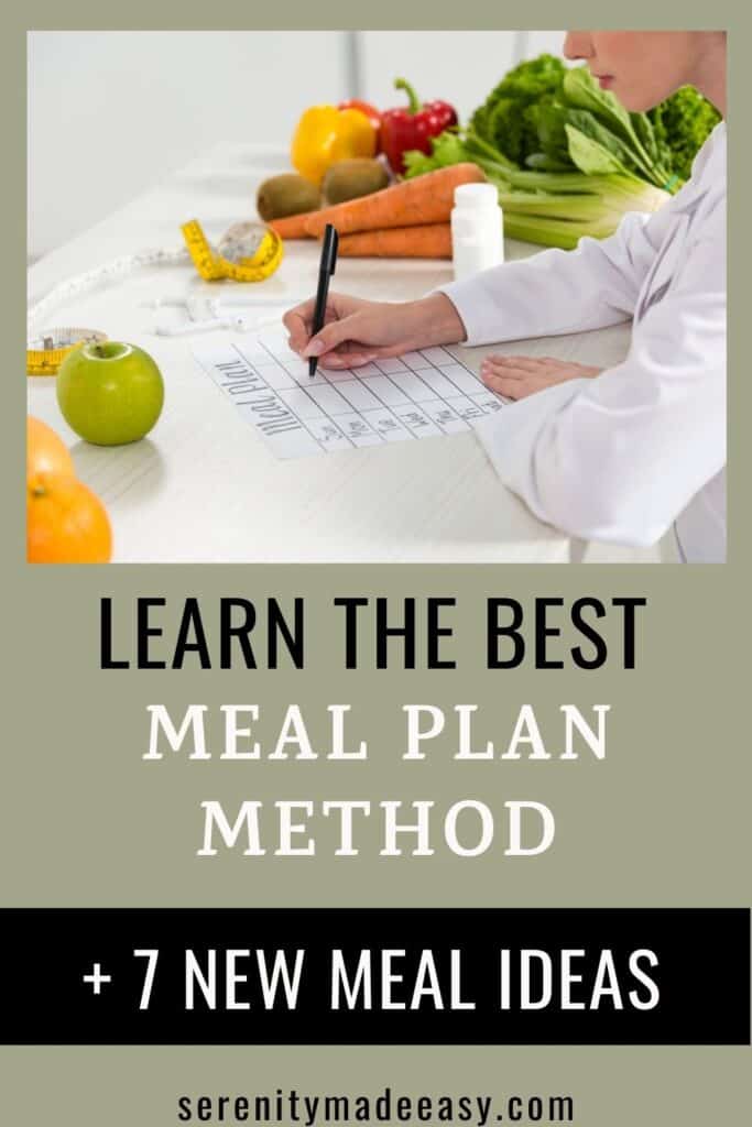 Learn the best meal plan method with a woman surrounded by fruits and vegetables writing a meal plan