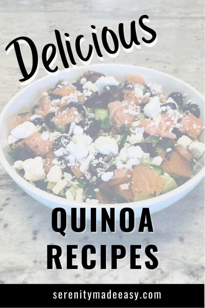 A photo of a delicious-looking quinoa recipe that includes feta cheese, smoked salmon, black olives, and more.