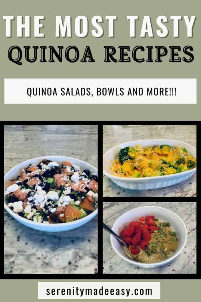 Images of 3 tasty looking dishes made with quinoa: a quinoa salad with smoked salmon, a cheese quinoa and broccoli dish, and a breakfast quinoa bowls with fresh raspberries on top.