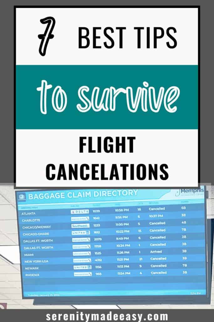 7 best tips to survive flight cancelation with an image of an airport tv screen filled with canceled flights