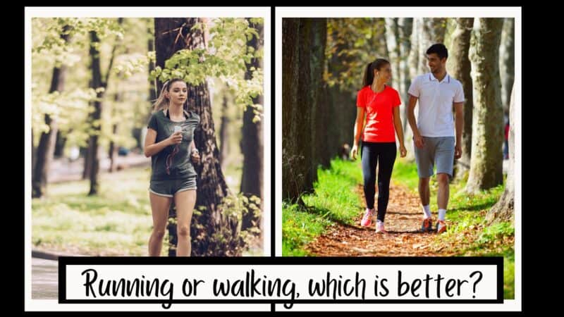 2 photos, one of a young woman running in a forest, the other of a couple walking outdoors