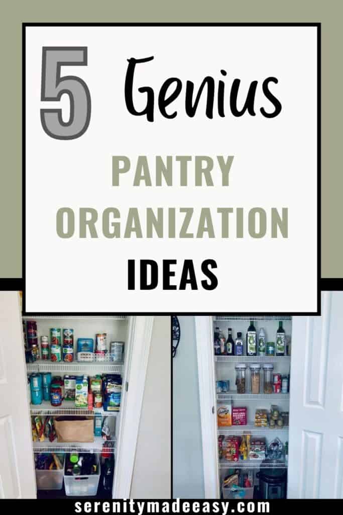 5 genius pantry organization ideas with an image of a neatly organized kitchen pantry.