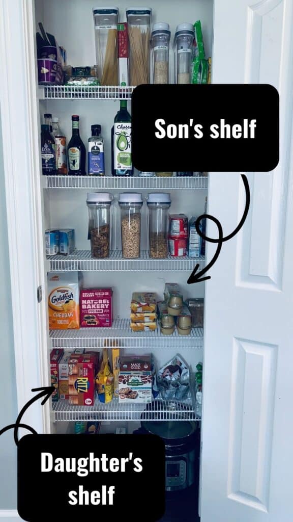 A wire shelf pantry cleverly organized by people living in the house.