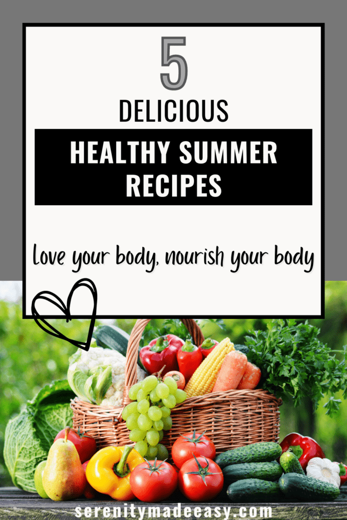A basket full of summer fruits and vegetables to create healthy summer recipes.