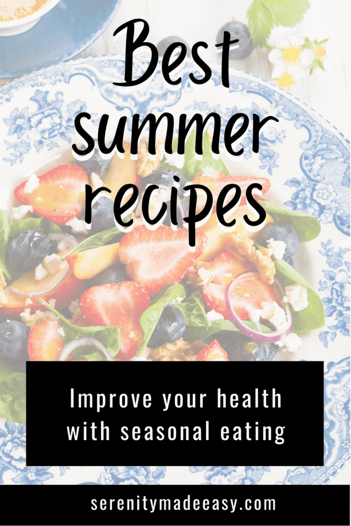 Fresh summer recipes with strawberries, blueberries, peaches, spinach, onion and nuts.