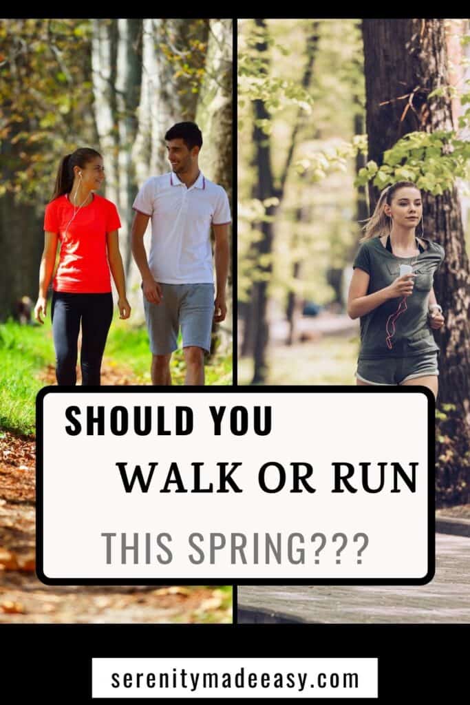 A couple walking and a young woman running - caption says "should you walk or run this spring"