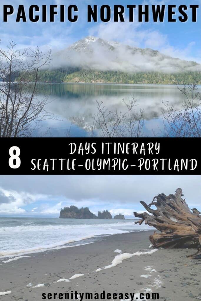 A photo of a lake still as a mirror with white-capped mountains behind and another of a beach with large cliffs during a Pacific Northwest trip