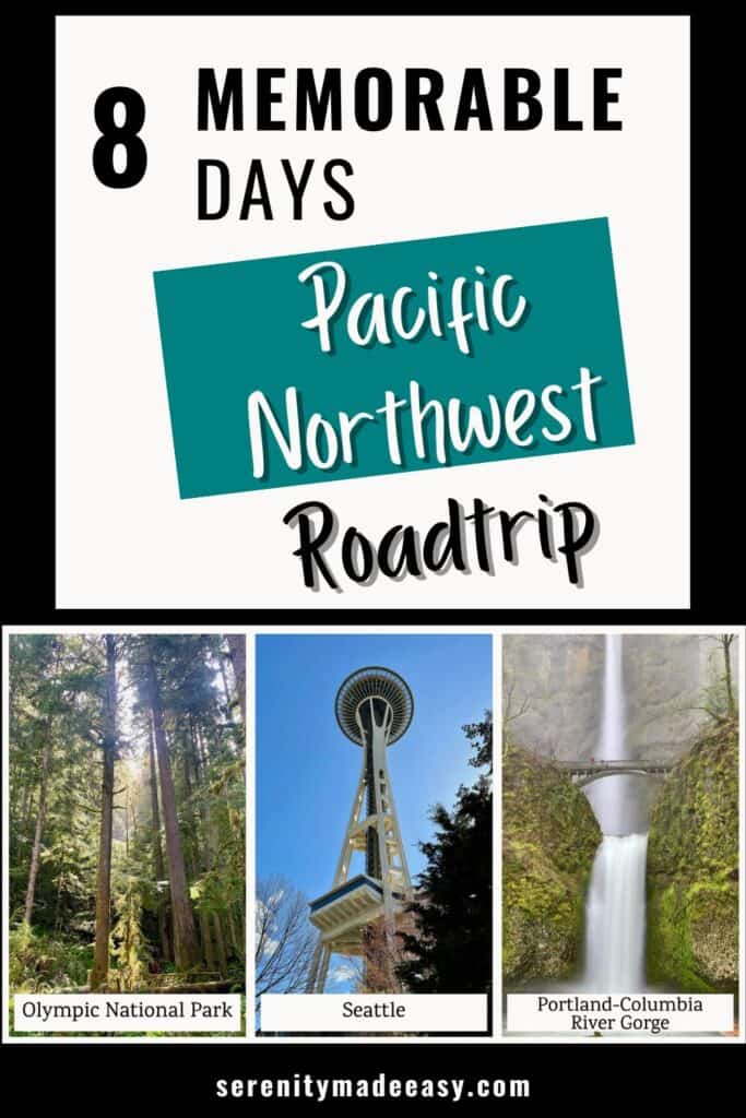 3 photos: Large trees with moss on them, the Space Needle, and giant waterfalls you can see during a Pacific Northwest roadtrip.