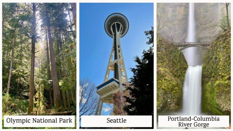 3 photos of Olympic National Park, Seattle Space Needle, and Multnomah falls in Portland