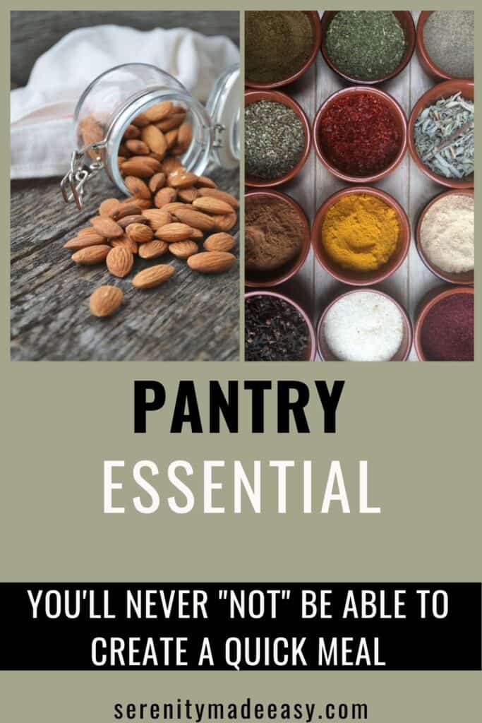 A glass jar of almonds and small glass containers of spices and herbs.