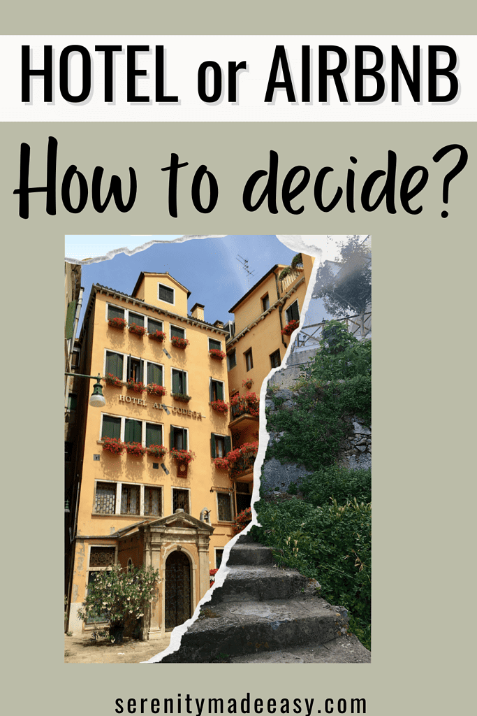 Two images, a yellow Hotel with a name in Italian with many red flowers. The other of a staircase with a lot of greenery.