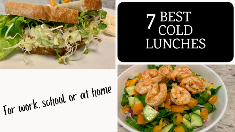 7 best cold lunches - a photo of a delicious-looking egg salad sandwich and a spectacular shrimp salad