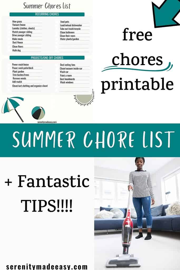 A chore list for teens printable and a teenage girl vacuuming.