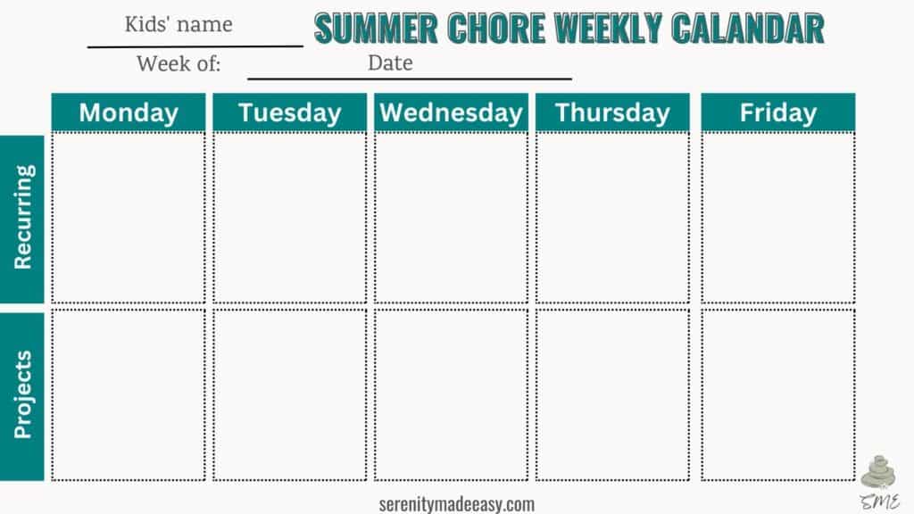 A summer chores calendar template
