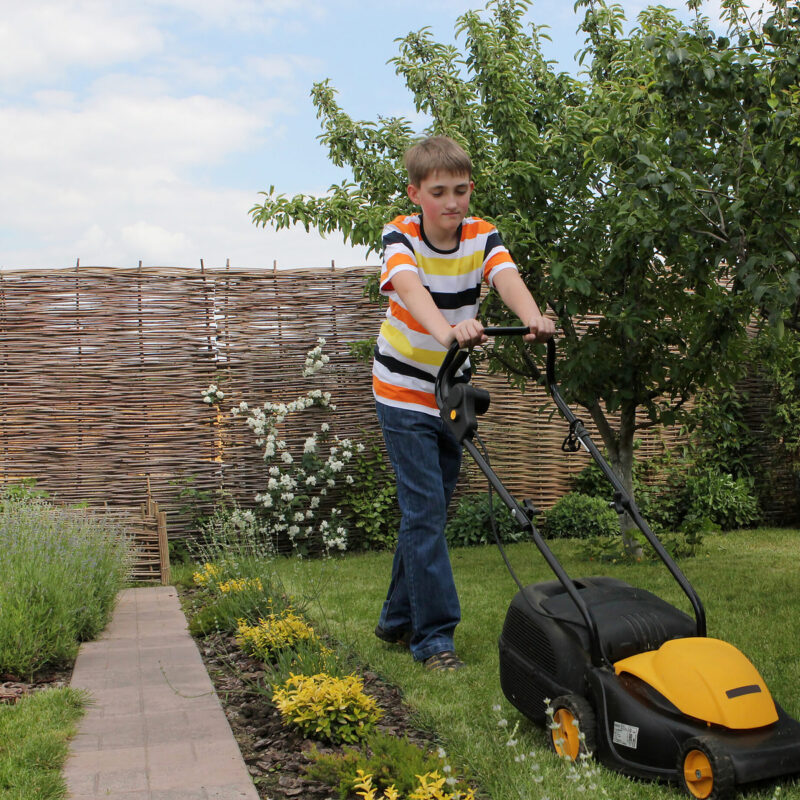 A boy mowing the lawn