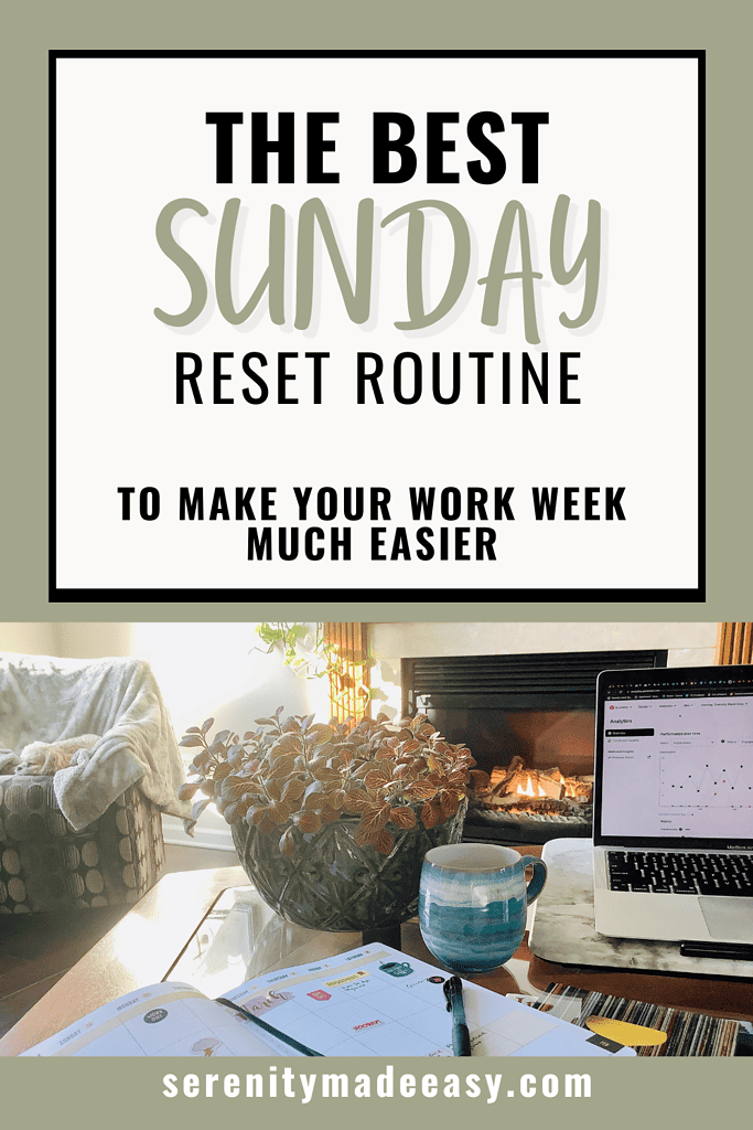 A family room with a fire, a dog on a cozy chair, a plant, a coffee mug, a computer and a planner. Create a Sunday reset routine.