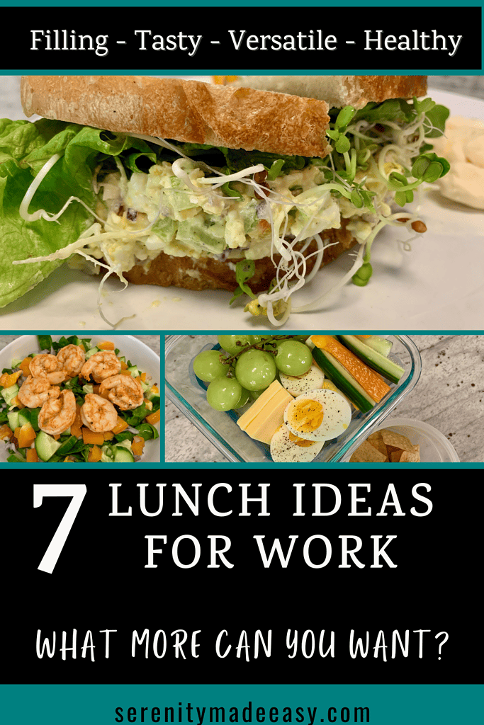 Lunch ideas for work showing 3 pictures: a shrimp salad, a snack box, and an egg salad sandwich.