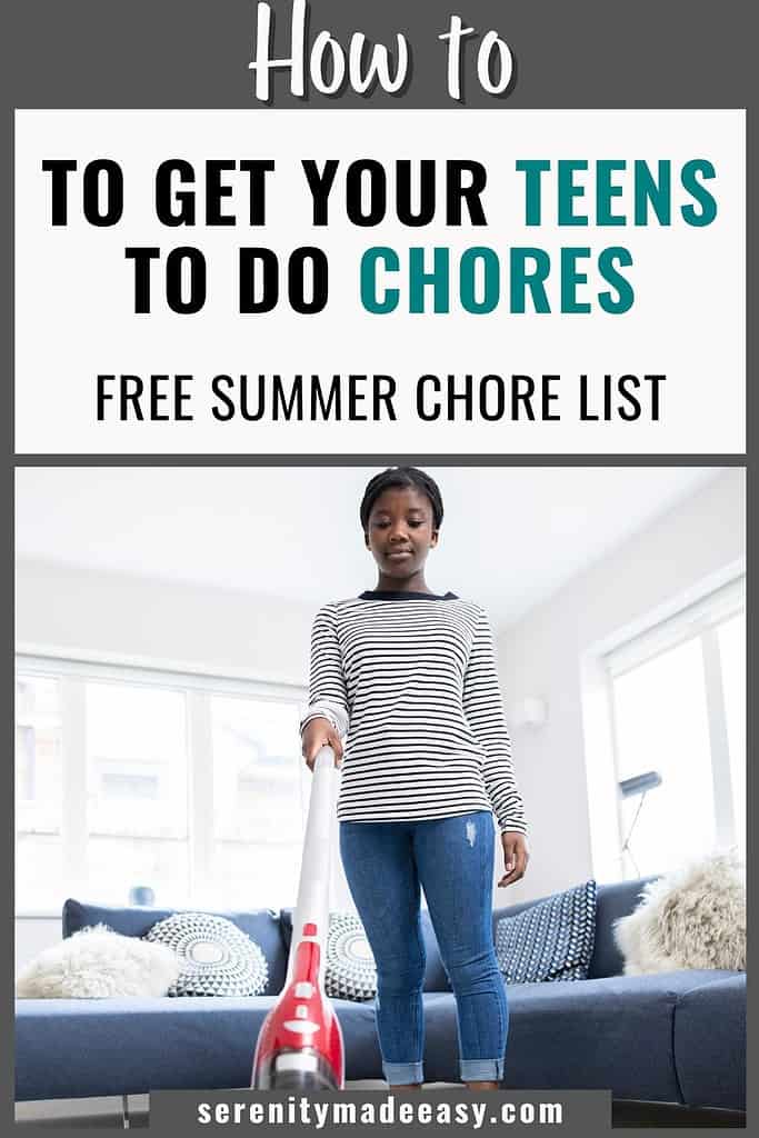 A teenage girl vacuuming is a perfect summer chore list for teens