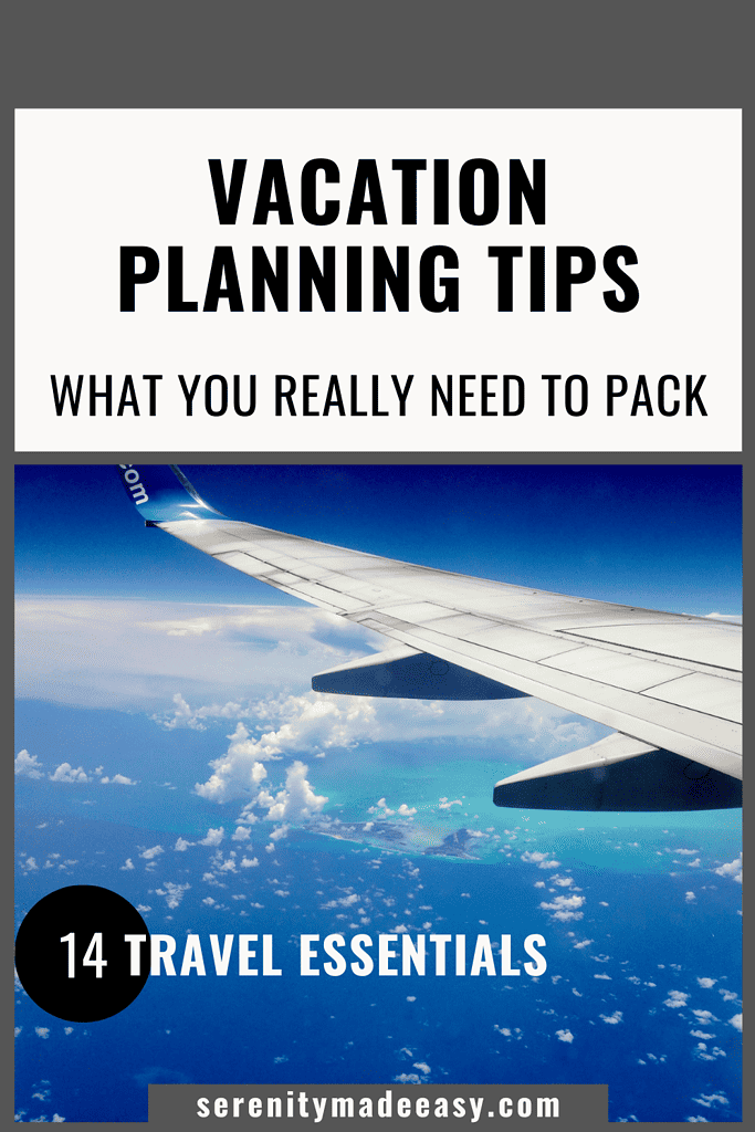 An image of an airplane flying in the blue sky. Overlay text says "Vacation planning tips - What you really need to pack"