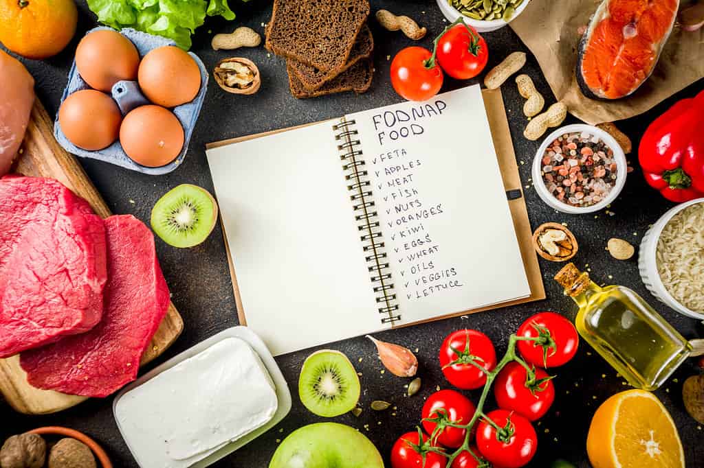 Image showing lots of food item and a notebook with a note saying FODMAP food.