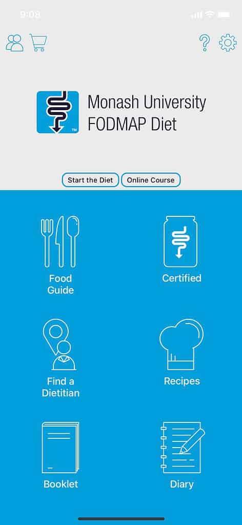 Image of the home page of the FODMAP elimination diet app by Monash University